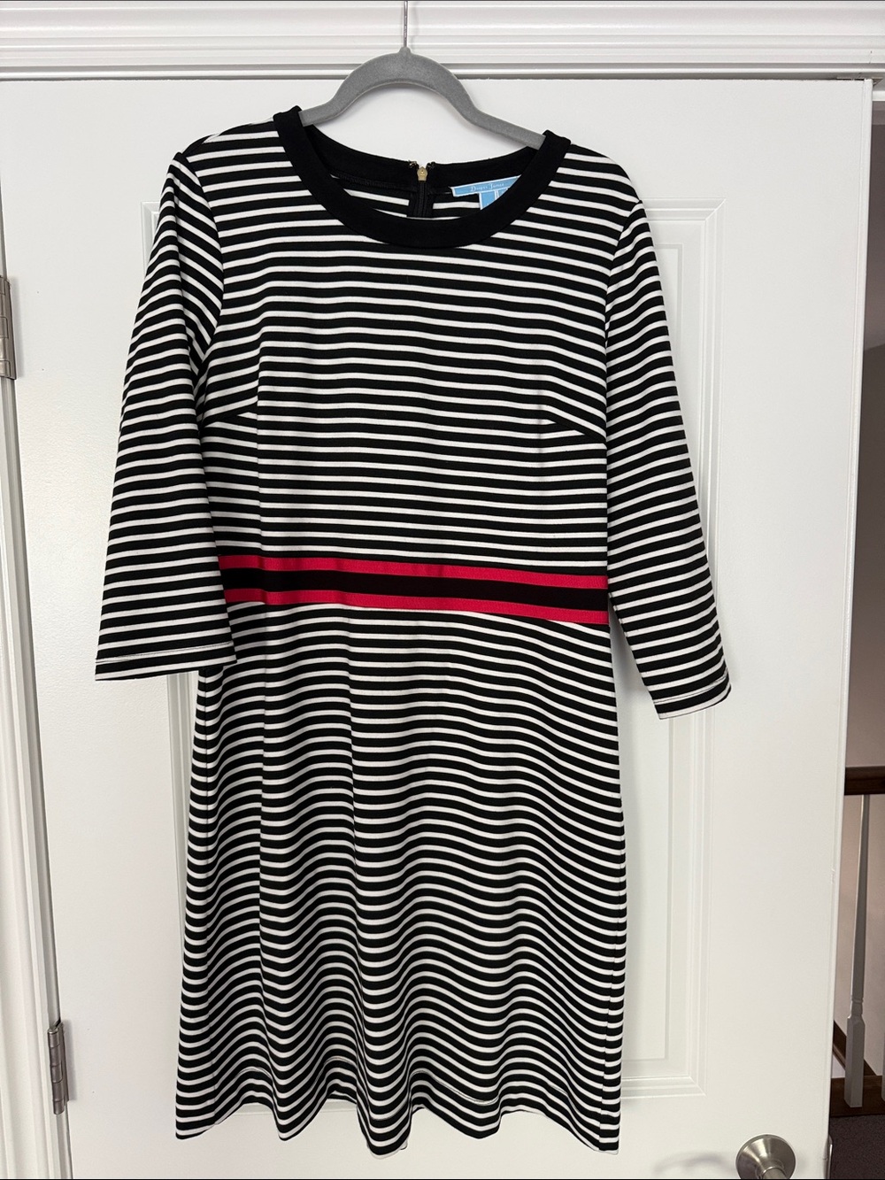 Draper James Women’s Black & White Striped Dress with Red Waist Band
